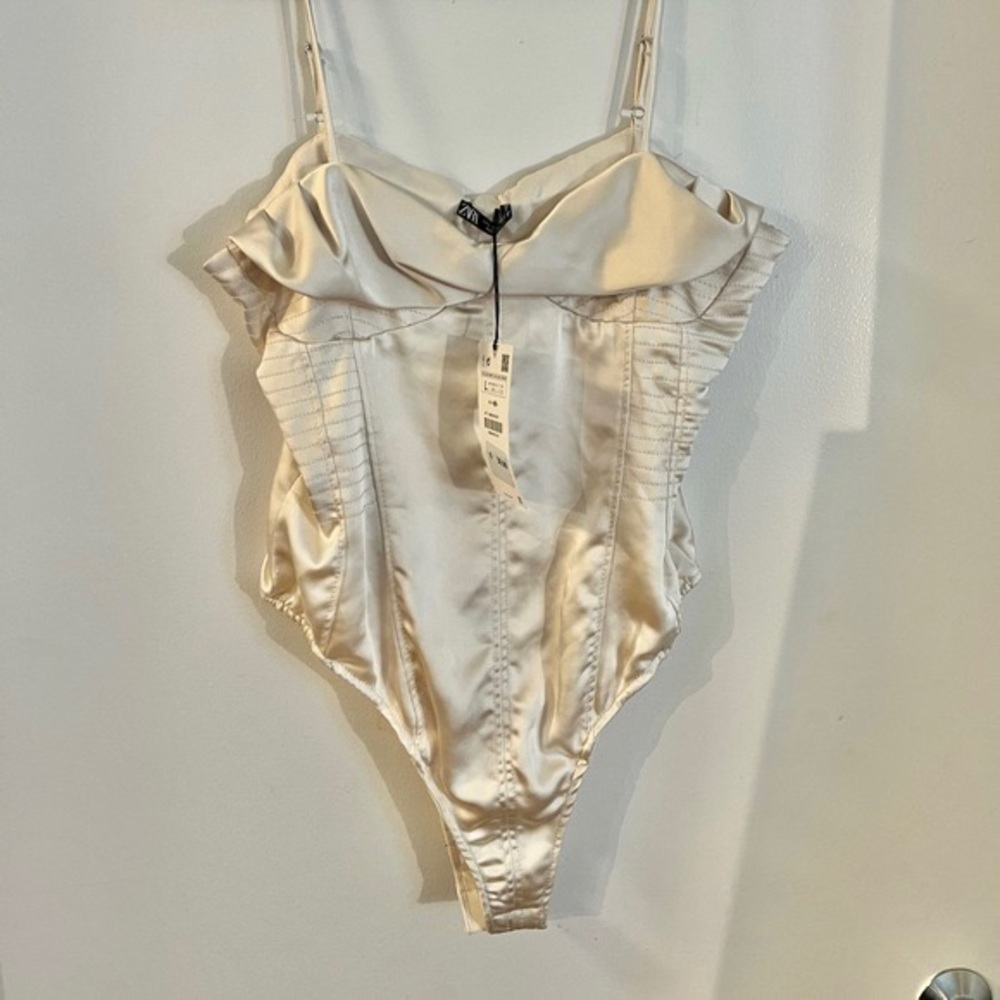 Zara satin bustier corset style cami bodysuit cream ivory color - Picture 3 of 7